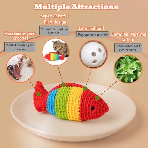 Catnip Fish Toy - Hand-Crocheted with Real Catnip & Bell, Interactive Kicker Toy for Cats Kitten, Soft & Safe for Biting