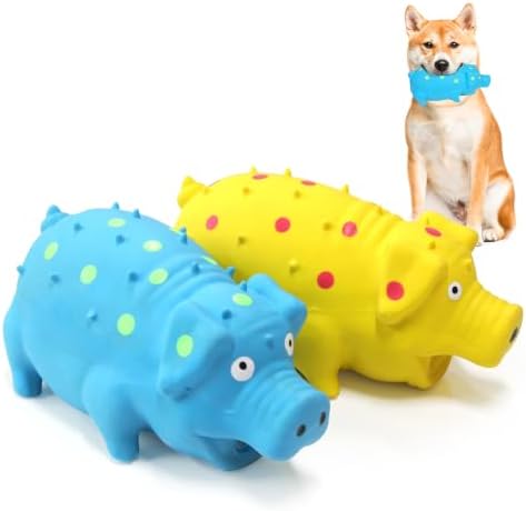 Squeaky Pig Dog Toys, Interactive Durable Latex Rubber that Oink Pig Chew Toy for Medium Large Dogs 2 Pack (Blue +Yellow)