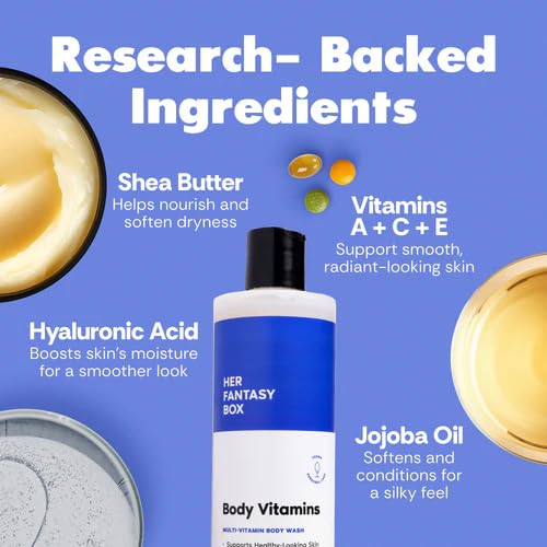 Her Fantasy Box | Body Vitamins Moisturizing Body Wash – Multi-Vitamin Cleanser with Vitamins A, B6, C & E, Hydrating & pH Balanced, Vegan & Cruelty Free, 16 oz