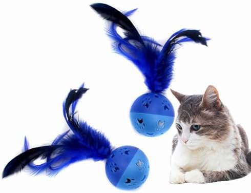 BeeSpring Cat Balls Interactive Cat Toy Feather Balls with Loud Bell Inside (2Pcs Blue)