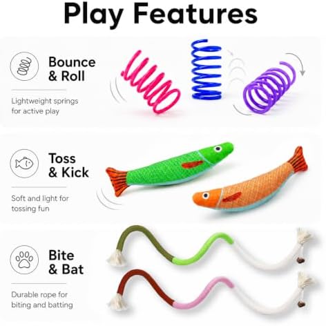 Cat Toys for Indoor Cats, 12-Color Springs, Plush Fish & Chew Rope Toys