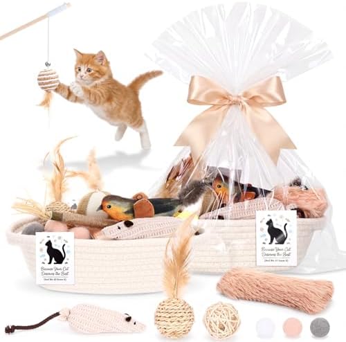 Supervitae 24 in 1 Kitten Toys for Indoor Cat Storage Basket Gift Toys Set Hanging Interactive Cat Toy Matatabi Stick and Crinkle Balls Teething Toy, Attract Kitten to Swat Hunt for Pet Indoor