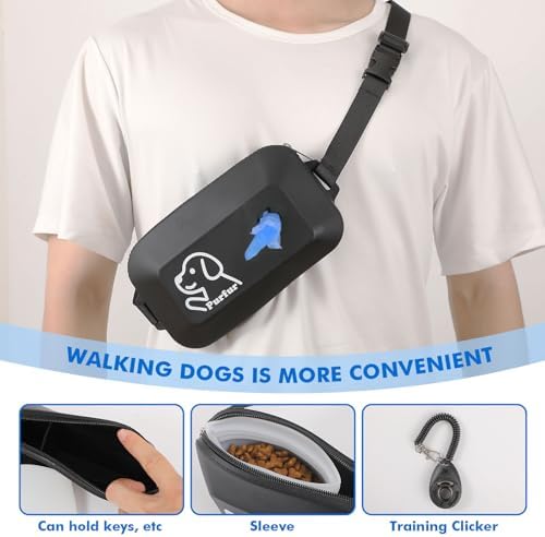 Dog Treat Pouch with Clicker & Poop Bag Holder – Waterproof Silicone, Adjustable Waist Belt for Training & Walking – Puppy Treat Pouch for Pet Training (Black)