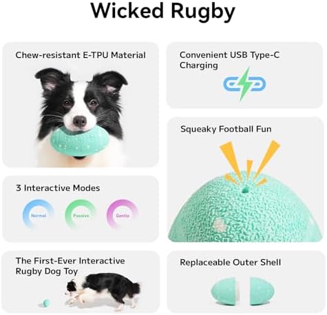 Smart Interactive Dog Toy, Wicked Rugby, Squeaky Dog Toy Football, Automatic Moving, Bouncing, and Rotating, E-TPU Material, Bouncing Fetch Toy for Indoor/Outdoor Use and Small to Large Dogs