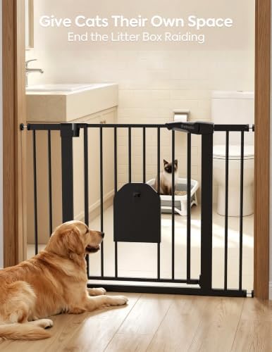 Babelio 36" Tall Baby Gate with Adjustable Cat Door, CatPrivilege I, 29-43" | Auto Close, Safety Gate for Stairs, Easy Walk Thru with Pet Door, Includes 4 Wall Cups and 3 Extension Pieces, Black
