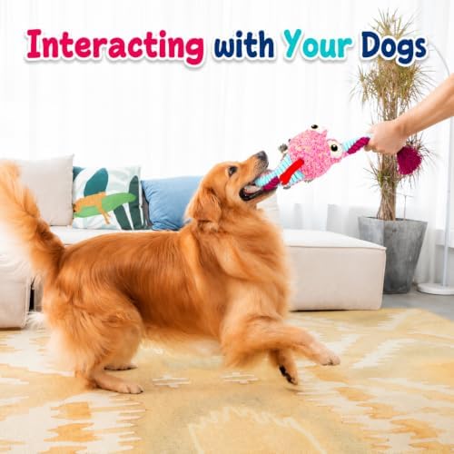 Dog Toys Squeaky Plush No Stuffing, Stuffless Crinkle Dog Toy with Rope Tug Pull Design, Durable Chew Toy for Puppies Small Medium Large Dogs, Fun Interactive Pet Toy