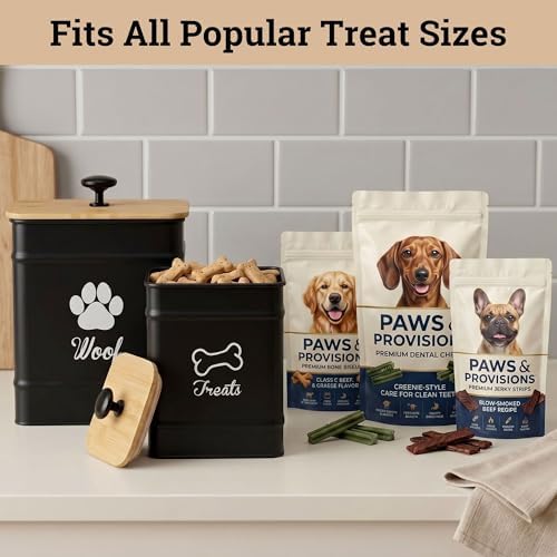Dog Treat Container Airtight Set of 2 - 8x6 & 7x5 inch Iron Dog Treat Jars for Kitchen Counter with Airtight Bamboo Lids - 20 Cup Capacity Pet Treat Container Set - Doggie Cookie Jar - Treats Canister
