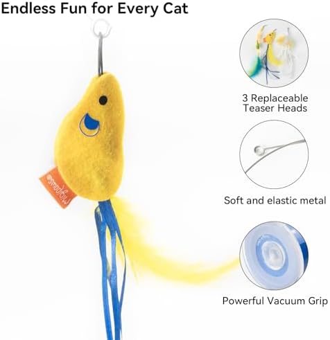 Migipaws Interactive Automatic Cat Teaser Wand Toy with Strong Suction Cup, 70cm Flexible Wire & DIY Bending Design, Rechargeable Cat Exercise Toy with Auto Timer for Indoor Cats (Blue)