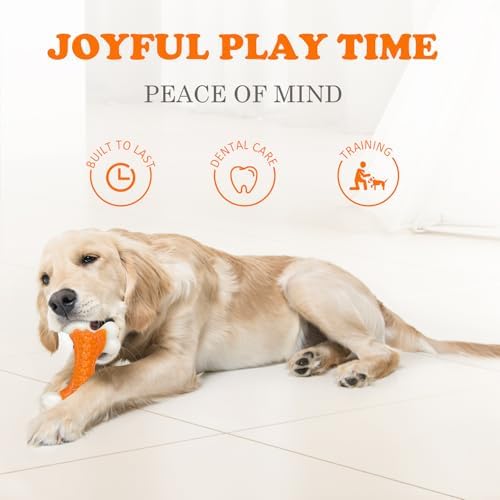 Kseroo 2-Pack Indestructible Dog Toys for Aggressive Chewers: Peanut Butter Flavored Hard Nylon Bone Chew Toys, Tough Dog Chew Toys, Dog Toys to Keep Them Busy for Medium Large Dogs, Orange