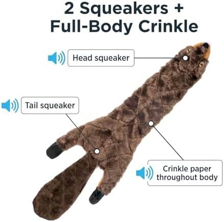 24” Stuffing-Free Dog Toy – Plush Beaver with 2 Squeakers & Crinkle Paper, Flat Body Quilted Design for Interactive Play, Medium & Large Dogs