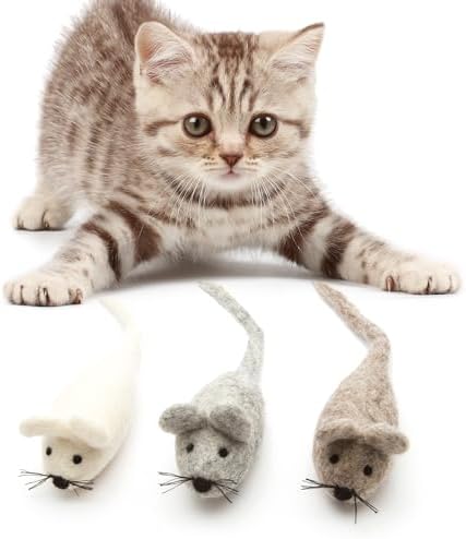 Glaciart One Felt Mouse Cat Toy – 3 Pcs | Soft Fuzzy Enrichment 100% Natural Wool - Interactive Catnip Play Cat Toy Set - Safe for Pets, Non-AZO Colored Dyes