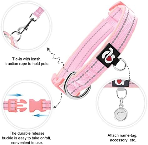 azuza Reflective Dog Collar, Neoprene Padded Large Dog Collar, Pink, L