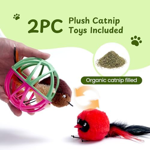 Cat Toys for Indoor Cats - Interactive Ball Cage Cat Toy with Realistic Bird Sounds & 2 Catnip Plush Toys, Motion-Activated Hunting Simulation Toy for Cats