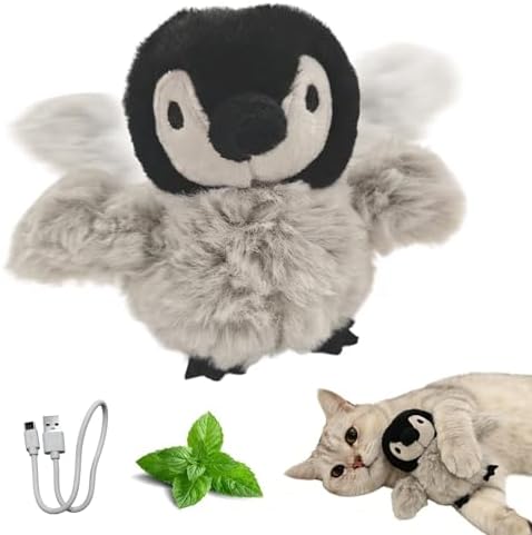 Puffluv Flapping Cat Toy,Interactive Penguin Flapping Bird,CAN NOT Fly Auto Chirping & Beating Wings 5 Modes, USB Charging with Catnip for Indoor Kittens Active Fun