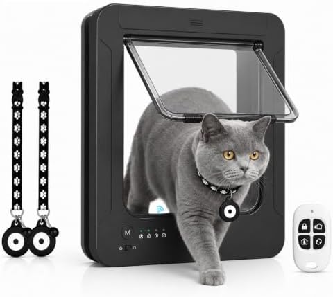 Electronic Cat Door with Selective Access, 4-Way Locking Pet Flap with Collar Key Recognition, Prevents Unwanted Pets from Entering, Includes 2 Collar Keys & Remote Control (Black)