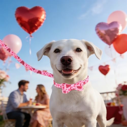 KOOLTAIL Cute Small Dog Collar and Leash Set with Bowtie and Bells,Puppy Bandana Collar and Leash for Girls with Pink Heart Pattern,Soft Leather Tangle Free Leashes for Small Dogs,Cats