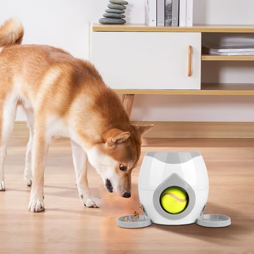 Interactive Dog Training Toy, Dog Tennis Ball Food Reward Machine with Automatic Treat Dispenser, Rechargeable Tennis Ball Throwing Machine for Small to Medium Dogs (White)