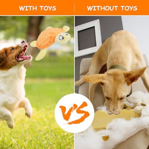 Squeaky Sea Turtle Plush Dog Toy - Durable, No Stuffing (Orange)