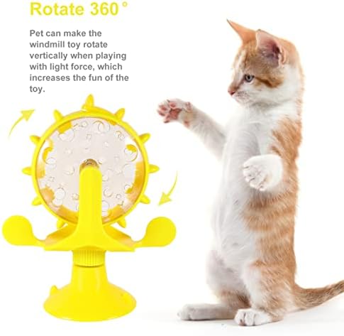 DOITOOL Windmill Cat Toy Cat Treat Dispenser Toy Interactive Cat Toy Slow Feeder Dog Food Dispenser Pet Treat Feeder 360 Degree Rotating Windmill Toys with Suction Cup, Yellow