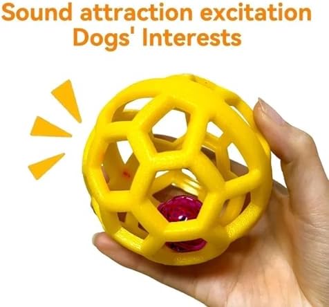 Dog Chew Toys with Bell Sound, 3 Rubber Bouncy Ball for Medium/Large Dogs, Interactive Fetch Ball Teeth Cleaning&Training, Hollow Design with Internal Bells (Yellow)