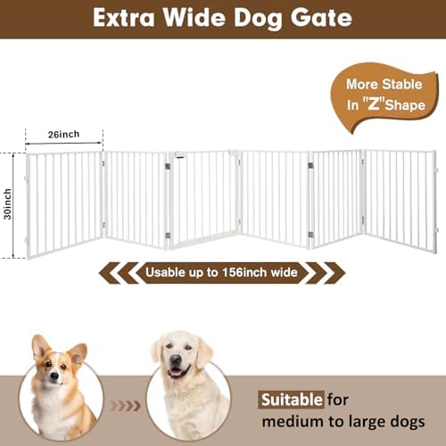 156" Extra Wide Dog Gate, Heavy Duty Metal Freestanding Dog Gate with Door for Indoor & Outdoor, Foldable Pet Fence for Doorways,House,Porch,Deck,Yard,Stairs, Auto Close(6 Panels,White)