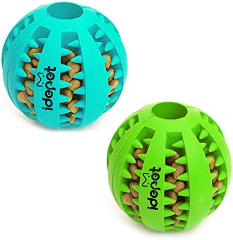 Idepet Dog Toy, Nontoxic Bite Resistant Toy for Pet Dogs Puppy Cat, Dog Pet Food Treat Feeder Chew Tooth Cleaning Exercise Game IQ Training Ball (3.15 inch, Blue&Green)