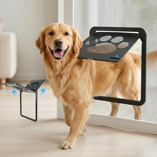 PetPrime Dog Door for Screen Door with Flap Opening 12×14 inches,Lockable Auto-Close Magnetic Large Pet Door for Dogs,Suitable for Sliding Screen Door,Easy Install,Large