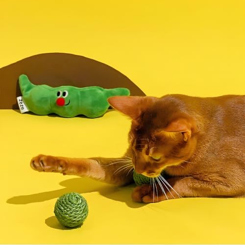 ZEZE Pea Pod Jute Rope Ball Cat Toy Set, 3 Removable Jute Balls with Rattle Inside, Scratch & Play Combo, Pea Pod Storage, Interactive Cat Toy for Indoor Cats