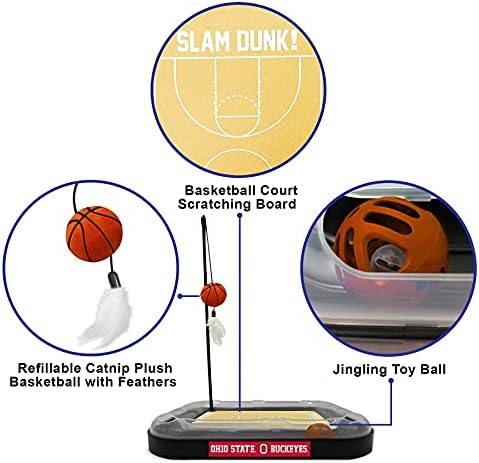 NCAA OHIO State Buckeyes 6-in-1 REVERSIBLE Basketball Court Felt/Cardboard Cat Scratcher Toy & Interactive Cat Ball Bell