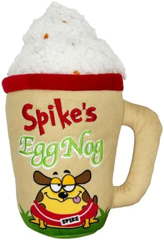 Huxley & Kent Funny Dog Toy w/Squeaker – Holiday Power Plush Squeaky Dog Toys for Small, Medium & Large Dogs – Soft Stuffed Animal for Indoor Play & Fetch - Spikes Egg Nog, Large