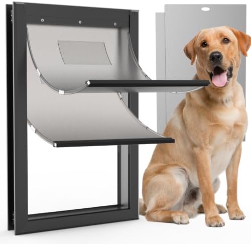 XL Dog Door for Exterior Doors, Heavy Duty Aluminum Doggy Door, Insulated Dual Flap for Extreme Weather, Lockable Doggie Door for Large & Extra Large Dogs up to 220 lbs