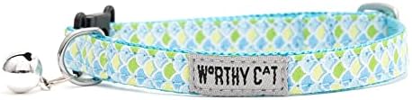 THE WORTHY DOG Summer Patterns, Breakaway Cat Collar, with Bell, Blue