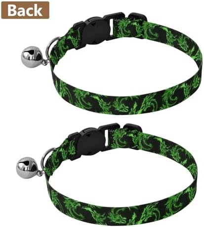 2 Pack Cat Collar Green Dragon Heads Black Kitten Bell Collar, Adjustable 10.6 to 17.1 Inches