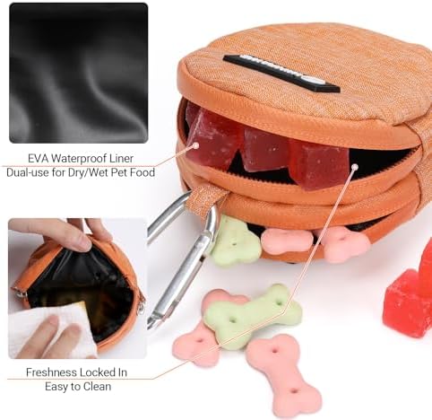 Dog Poop Bag Holder for Leashes- Dog Treat Pouch with Waterproof Zipper,Puppy Training Small Bag with Carabiner & Bungee Toggle,Two Pockets for Dry or Wet Treats-Pet Travel Walking Essentials (Orange)