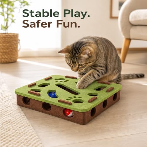 Interactive Cat Puzzle Toy, Mental Stimulation Box with 3 Balls, Indoor Cat Brain Training Game, Green for Kitten Enrichment