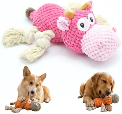 Squeaky Plush Duck Dog Toy for Aggressive Chewers with Built-in Sound (Pink Cow)
