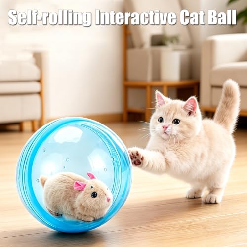 Rotate 360° Spin Moving Cat Ball - Fun Indoor Interactive Pet Ball | 360° Rotating and Rolling Self-Rolling Interactive Cat Ball Realistic Animal Shapes Blue, Brown Mouse Cute Pet Rotating Toy