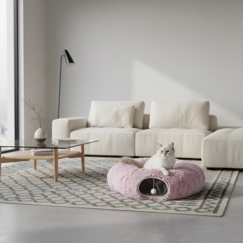 AUOON Plush Cat Tunnel Bed for Indoor Cats, 36"L x 36"W x 11.5"H, Rosiness