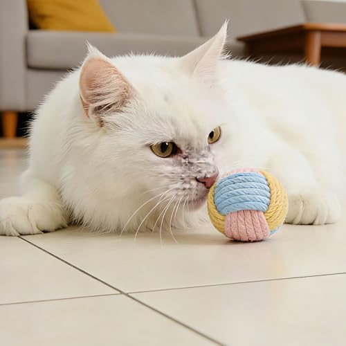Cat Toys Balls with Bell Inside, 2-Inch Soft Interactive Chew Toys for Indoor Cats & Kittens, Colorful Rope Balls with Crinkle Sound for Chasing Play and Dental Health, 3 Pcs