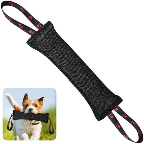 ToLanbbt Dog Tug Toy Bite Jute Pillow Pull Toy with 2 Strong Handles Perfect for Tug of War, Puppy Interactive Play, Tear Resistant Bite Training for Small Medium Large Dogs (Bright Black-Footprint)
