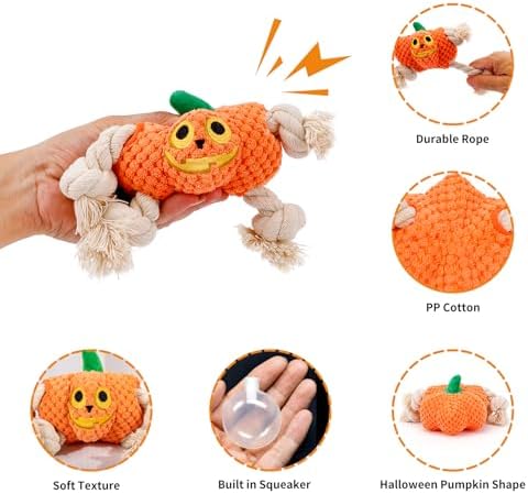 Halloween Dog Toys,Halloween Pumpkin Plush Dog Squeaky Toys with Cotton Rope for Small Medium Dogs