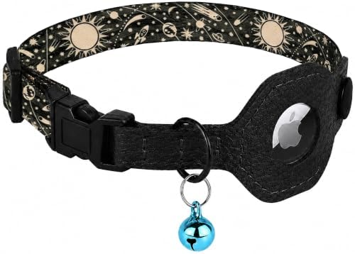 Breakaway Cat Collar with Leather AirTag Holder & Bell - Apple Air Tag Cat Collars for Girls & Boys, Lightweight Anti-Lost GPS Tracker Design, Printed Pattern - Safety and Adjustable (Space)