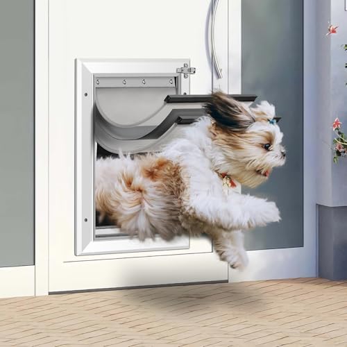 [Petoasis] 3-Flaps Heavy-Duty Dog Door, Rust Proof Aluminum Alloy Frame | Energy-Efficient,Thick Flaps Block Wind Snow Rain Intrusion in Extreme Weather (Silvery White, Meduim for Door)