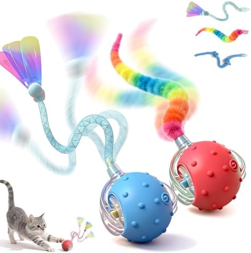 2 Pack Interactive Cat Toy, Auto Chirping Balls, 6 Tails, Indoor Self Play