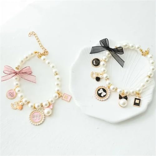 Ribbon Bow Pearl Pet Necklace,Multi Decor Charms Adjustable Collar Kittens