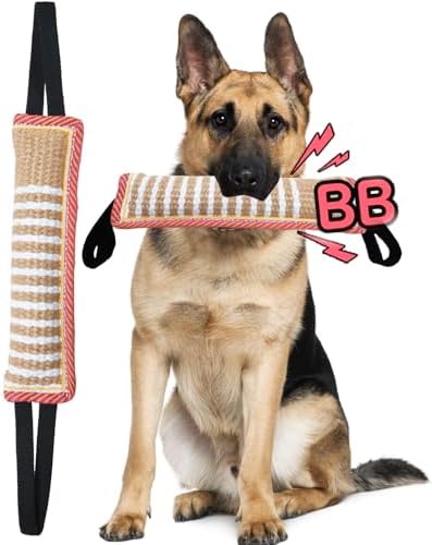 Clysoru Squeaky Tug Toy for Dogs Jute with 2 Strong Handles Lasting Training Equipment Puppy to Large Dog Interactive Toys of War Pull Indestructible Rope Pet Crinkle Teething