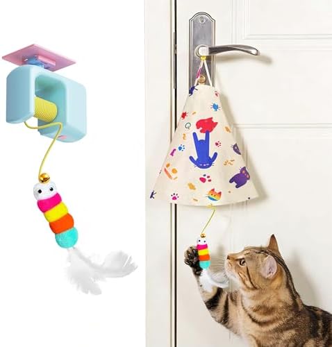 Interactive Hanging Cat Toy with Hidden Feather Teaser, Random Height Adjustment, Fast 0.5H Type-C Rechargeable Interactive Cat Toy, Door Hanging Enrichment Toy for Indoor Cats