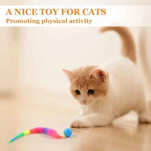 Bouncy Ball with Tail Cat Toys,5 Packs Rainbow Large Magic Worm with Ball Toy for Cats,Colorful Fuzzy Worm Bouncy Balls Cat Toy