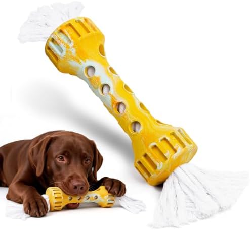Indestructible Dog Toys for Aggressive Chewers, Rubber Rope Dog Chew Toys for Teething for Medium/Large Dogs, Interactive Dog Toys to Keep Them Busy Outdoors, Cream Flavor, Yellow/White