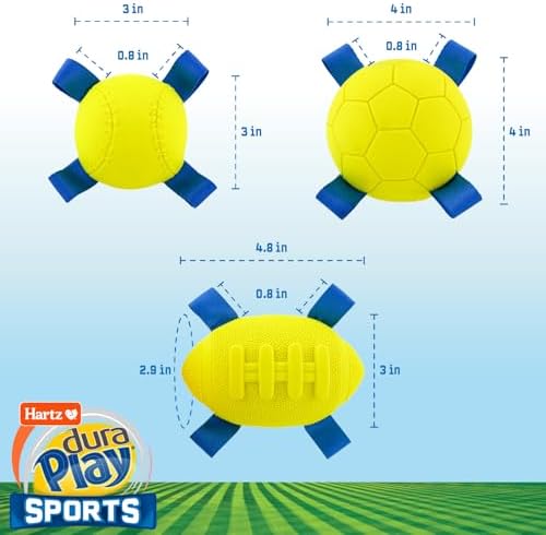 Hartz Dura Play Sports Ball Variety Dog Toy, Bacon Scented Squeaky Latex Yellow & Blue Toy, 3 Count